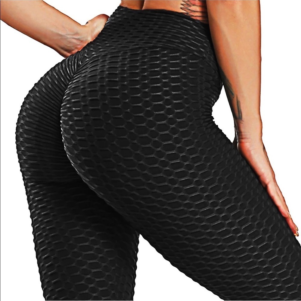 Boutique Black High Waist Scrunch Butt Workout Pants Honeycomb Leggings Large‎